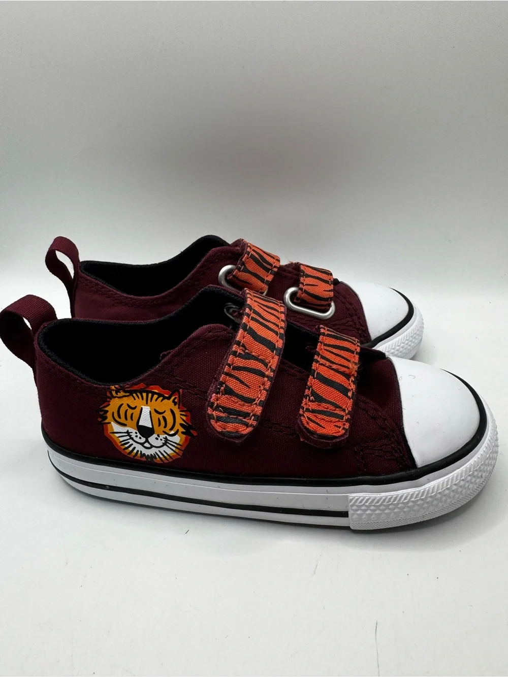 Converse Kids Burgundy Canvas Sneakers with Orange Tiger Straps